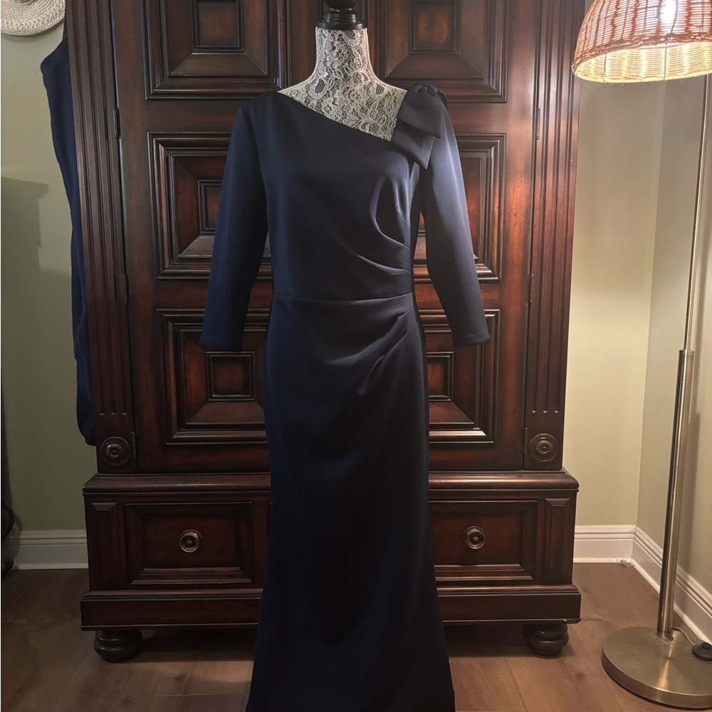 Jessica Howard Navy Ruched Gown with Long Sleeves and Asymmetrical Neckline